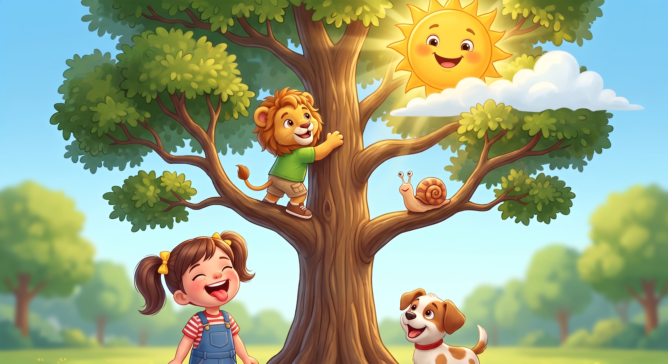 Maya y Leo junto al árbol alto con el caracol y el sol