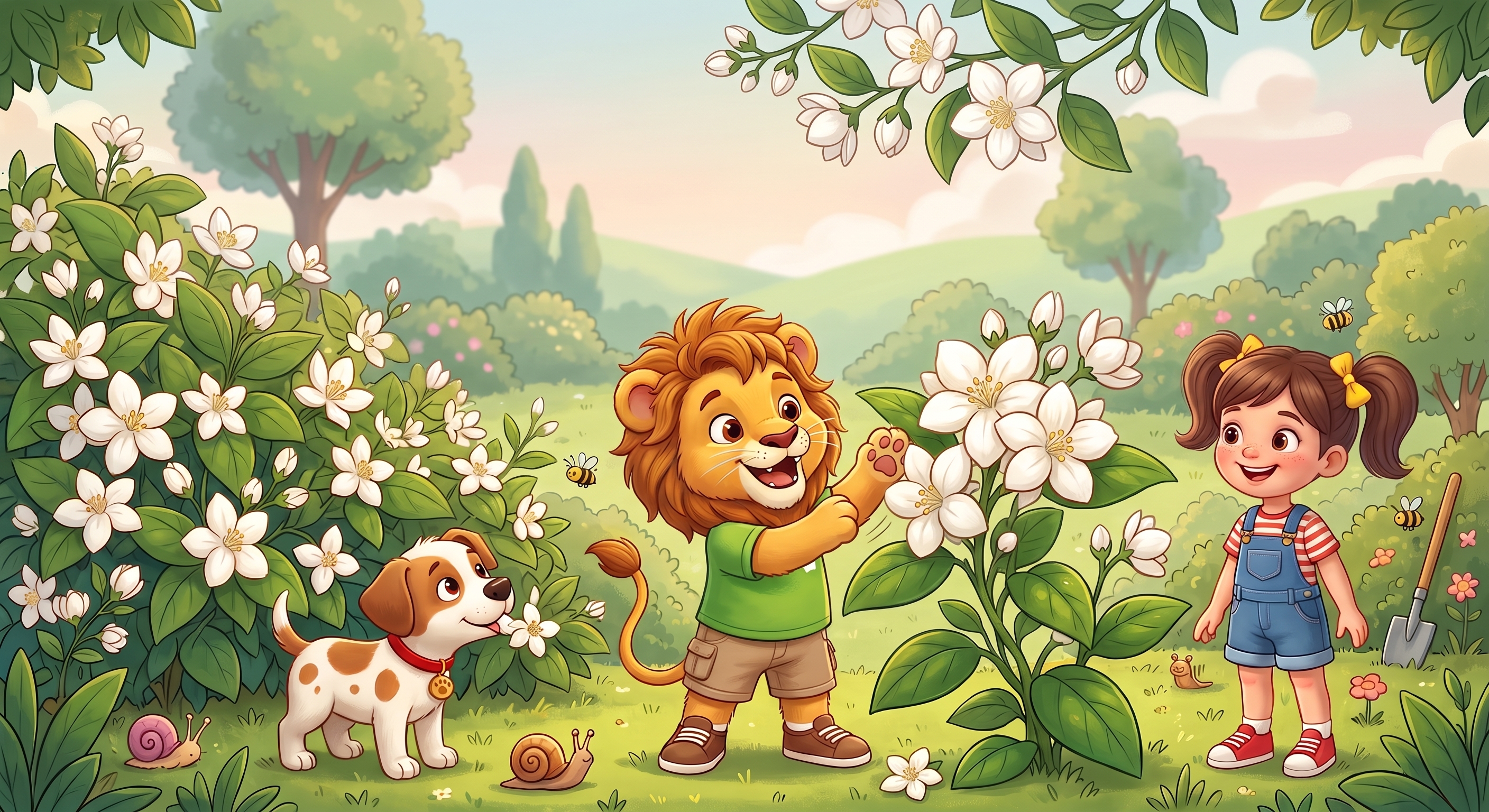 Leo jugando con un jazmín gigante en el jardín de flores