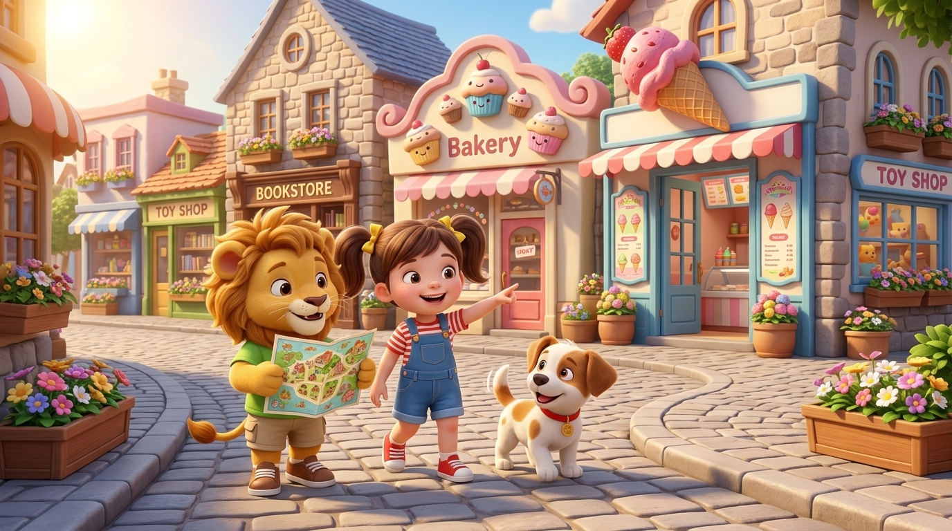 Leo con mapa, Maya señalando la heladería y Toby en el Barrio Mágico
