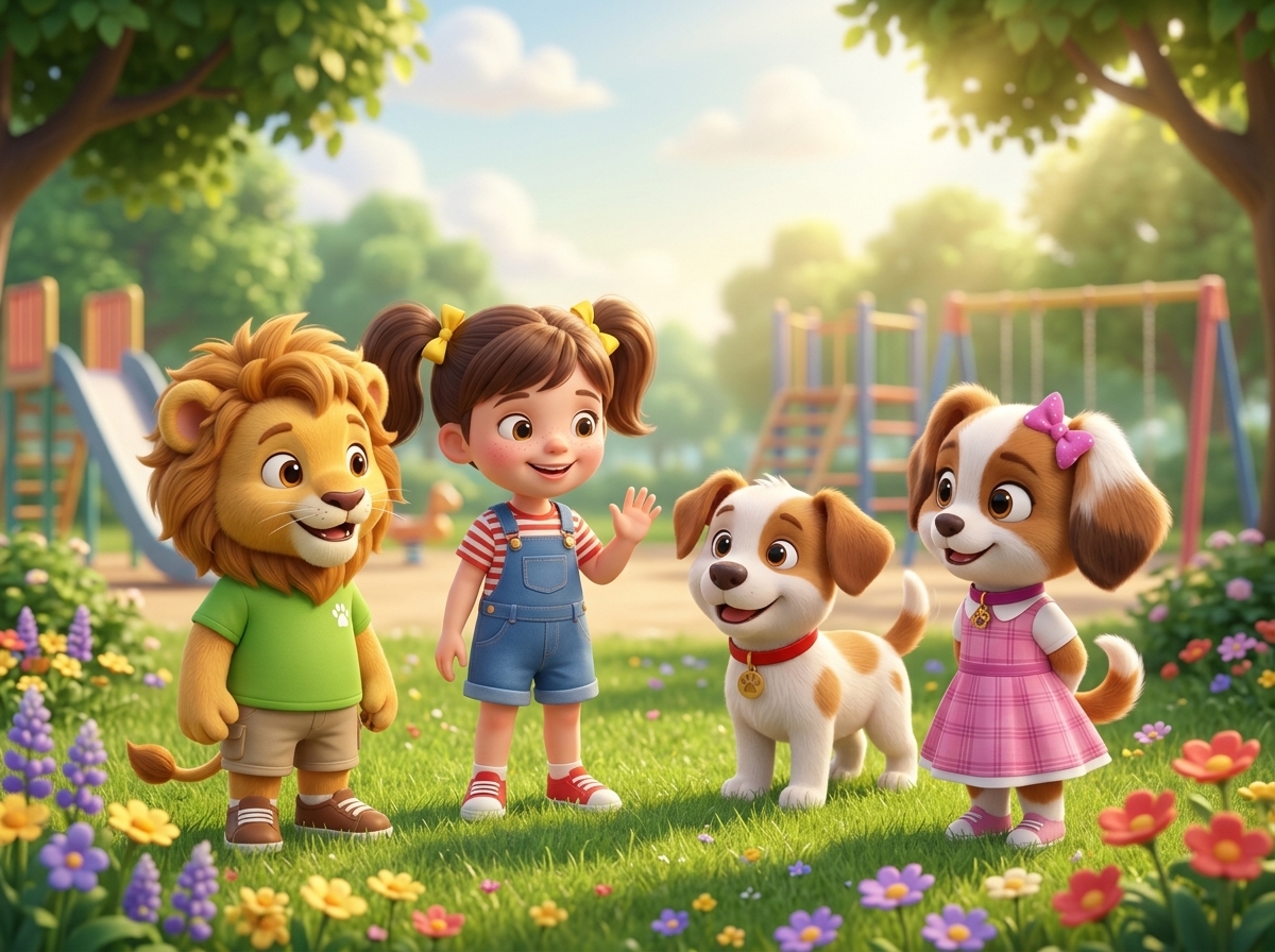 Leo, Maya, Tobi y nuevos amigos reunidos en el parque